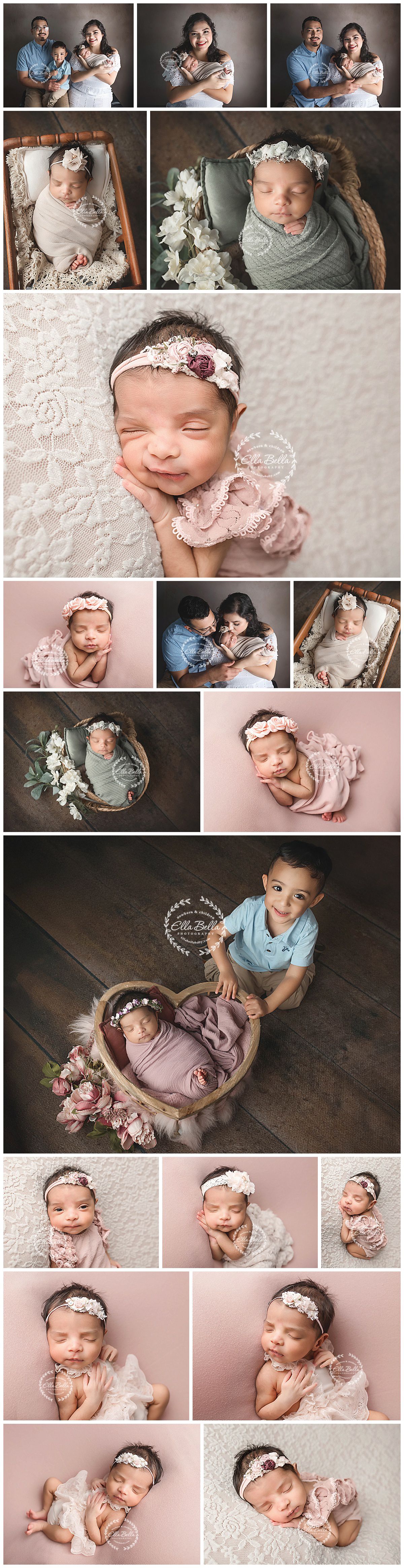 A collection of newborn photography shots featuring soft pink tones, lace headbands, and delicate poses on textured backgrounds.