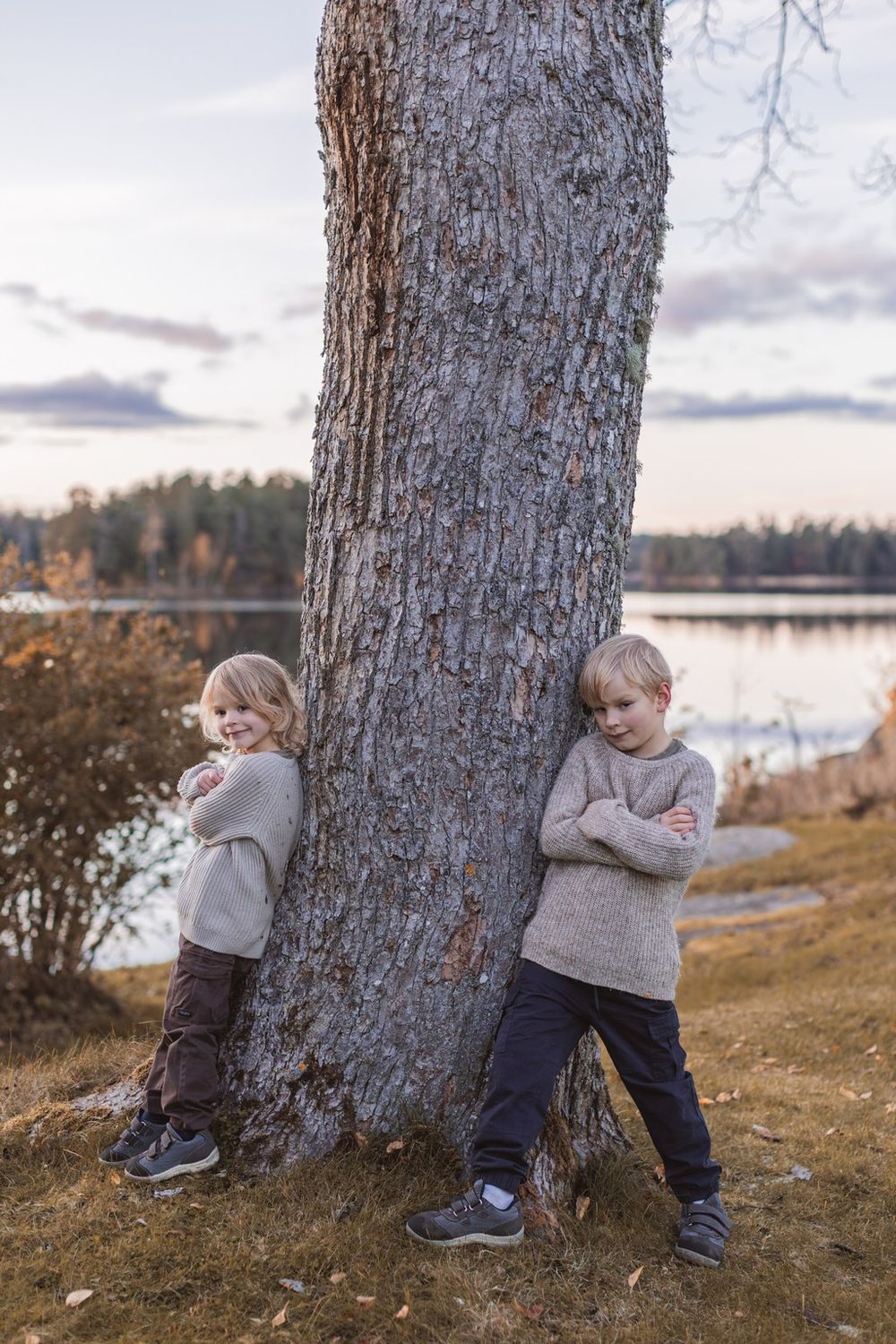 Two blonde children in matching gray sweaters lean against a large tree near a lake at dusk.