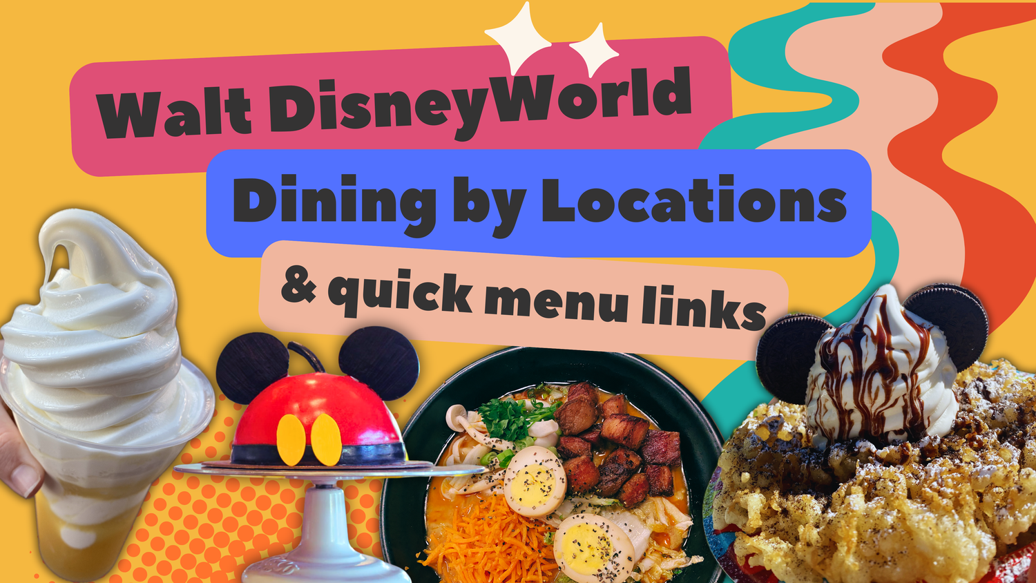 Colorful Walt Disney World dining locations menu banner featuring food icons and decorative swirls.