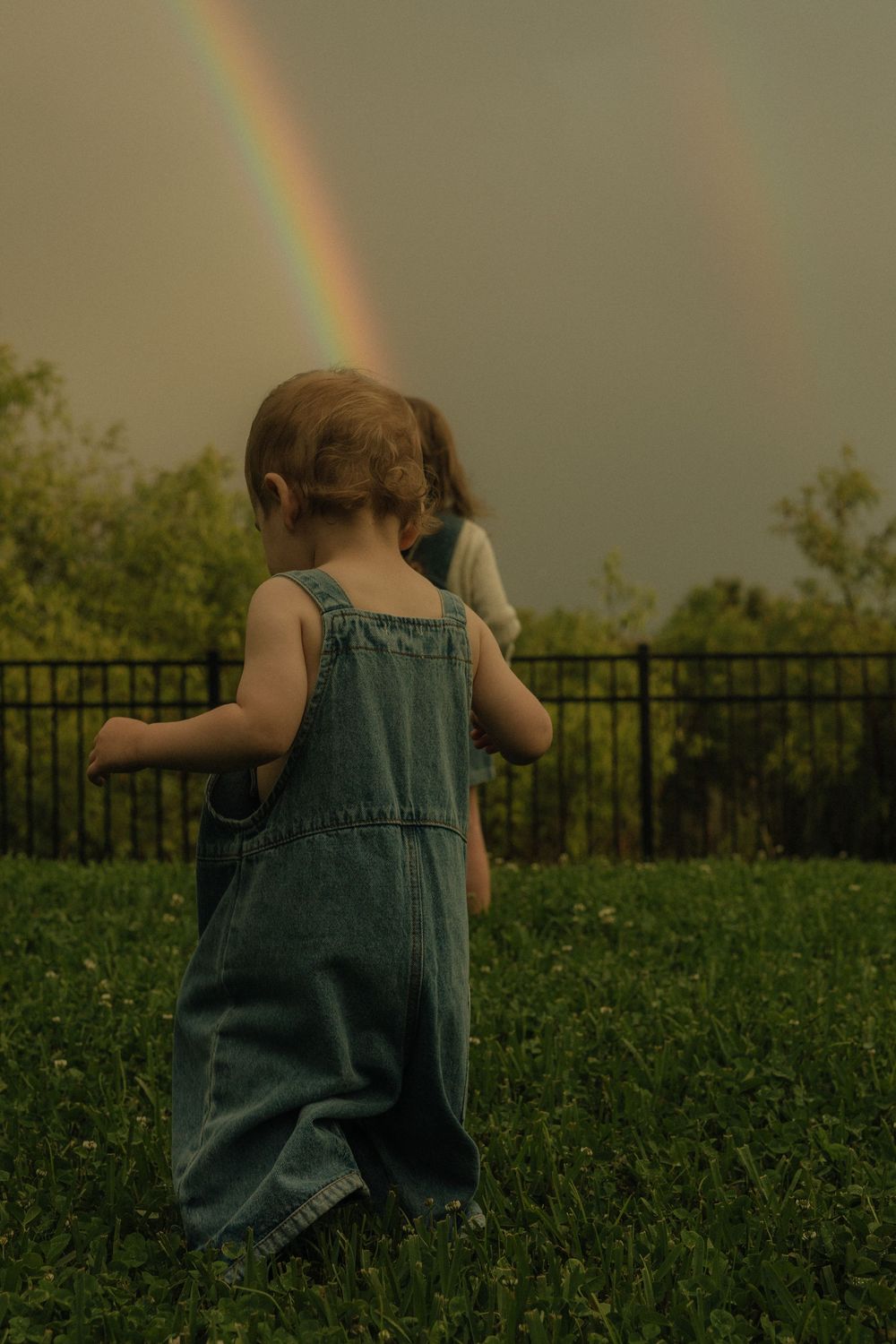 A child in denim overalls stands in a grassy field with a rainbow visible in the moody sky.