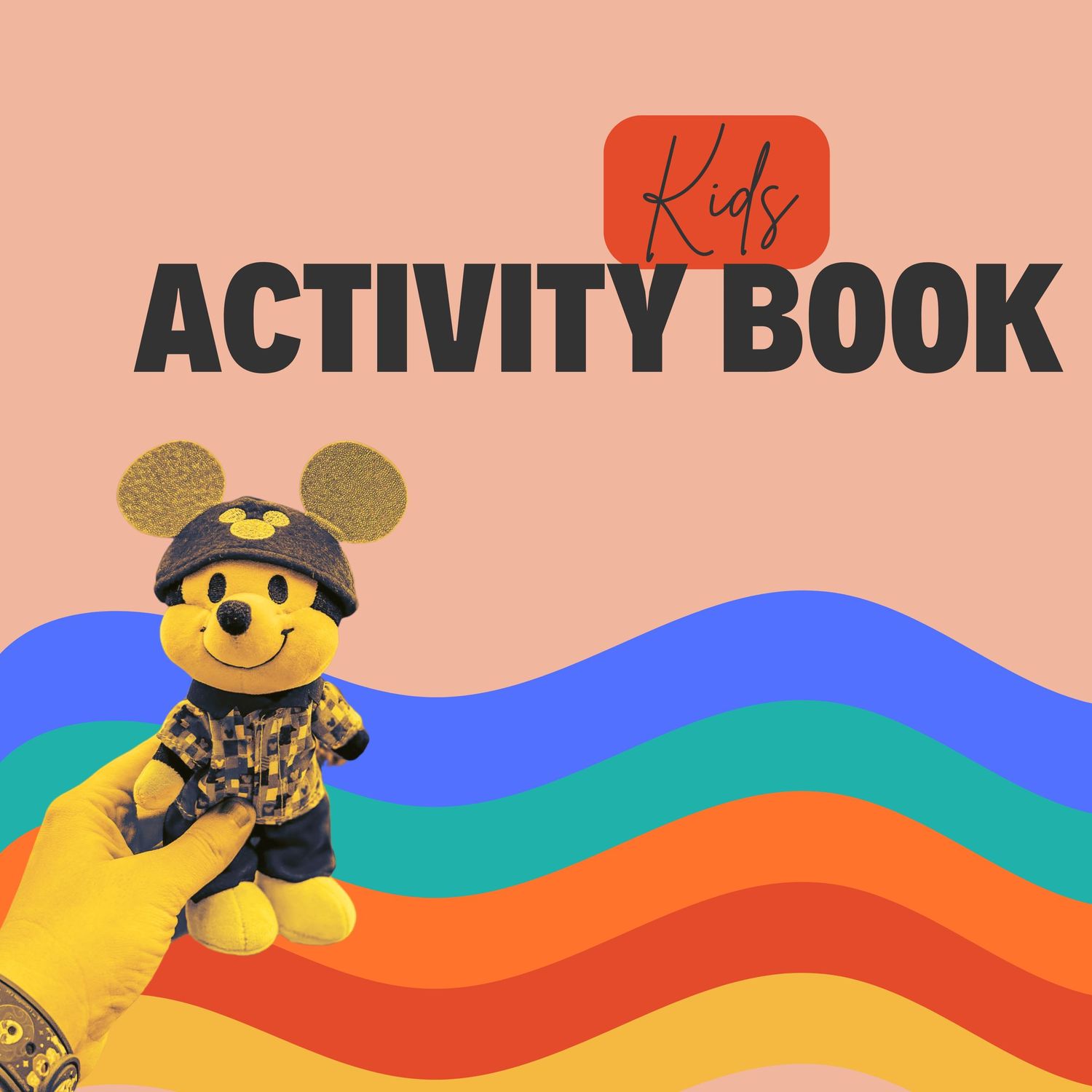 Colorful activity book cover featuring a Mickey Mouse plush toy wearing adventure gear against rainbow waves.