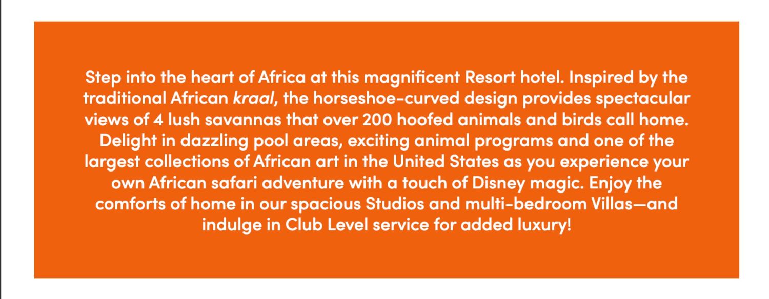 Orange rectangular header banner with white text about African resort amenities.