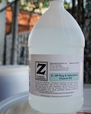 A gallon bottle of Z HP Rug & Upholstery Cleaner EZ against outdoor background.