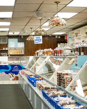 Interior view of a traditional meat market counter with display cases and vintage light fixtures.