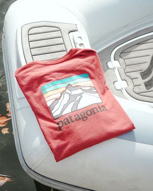 Red Patagonia t-shirt with mountain graphic design displayed on white surface.