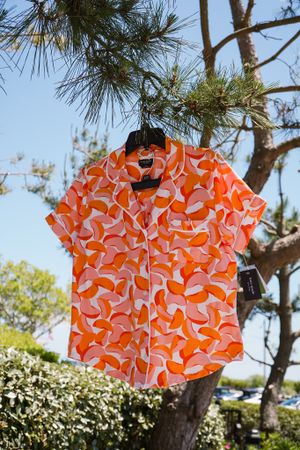 Orange and white patterned short-sleeve button-up shirt hanging on tree branch against blue sky.