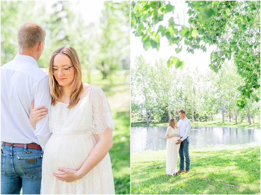 Romantic maternity photoshoot in a park setting with couple by water and green trees. Light & airy photography style.