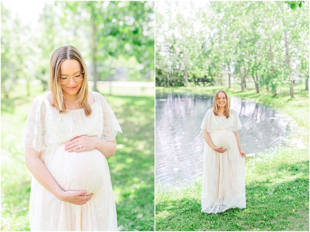 Split image of expectant mother in white dress posing in scenic park setting by water. Light & airy photography style.