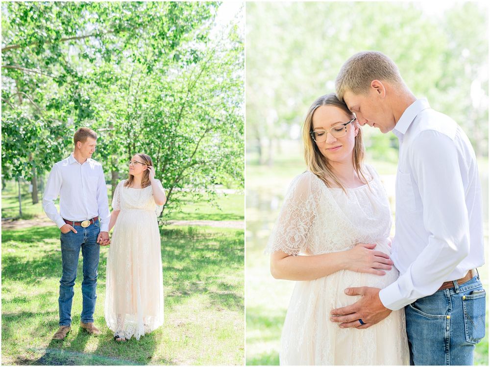 Split view of maternity portraits showing couple in casual and formal wear in sunlit spring setting. Light & airy photography style.