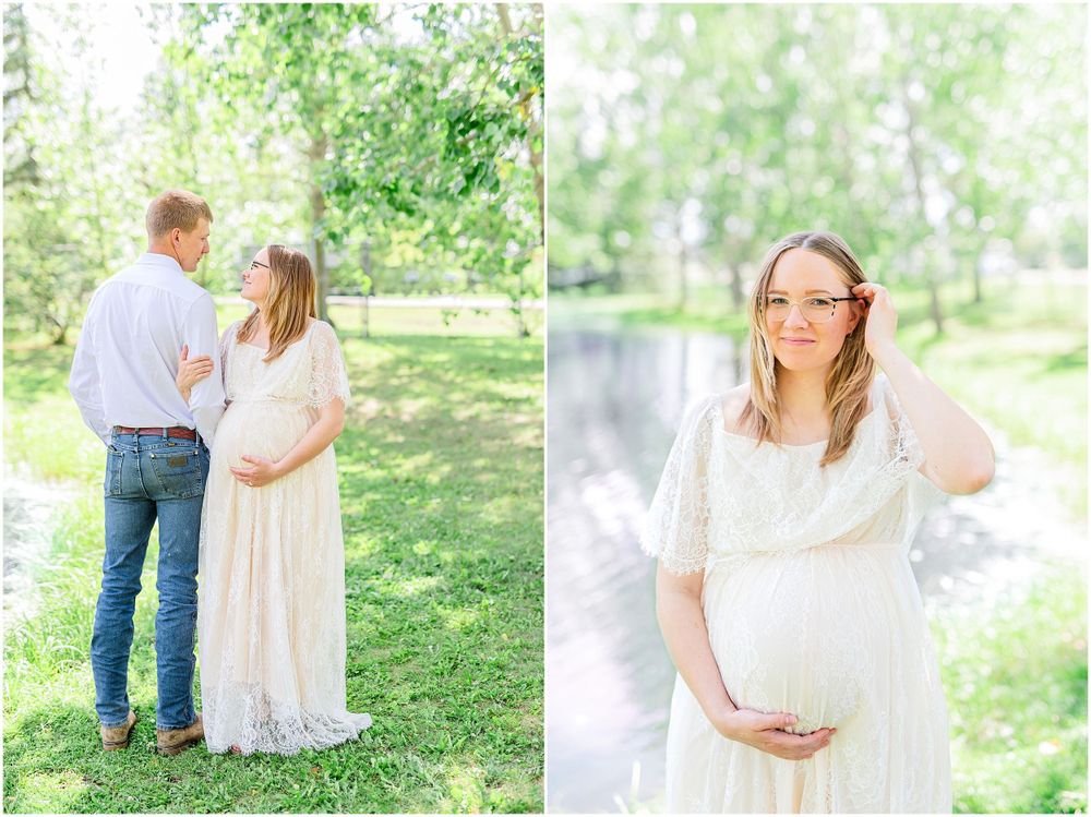 A romantic maternity photoshoot featuring a couple in a lush green park setting near a pond.