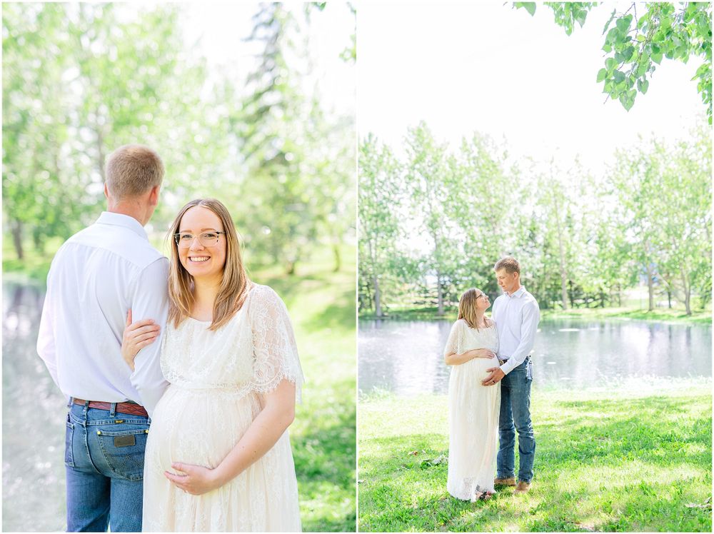 A romantic maternity photoshoot by a serene pond surrounded by spring greenery.