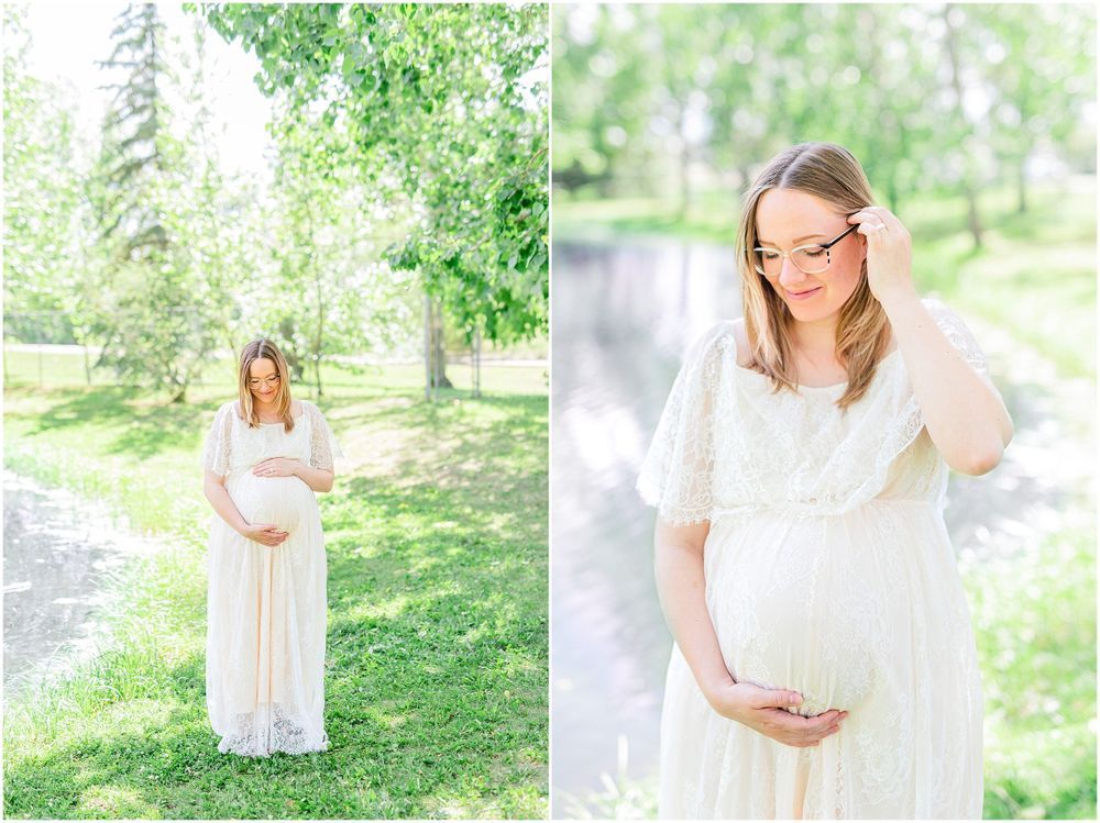 Side-by-side maternity portraits in a lush garden setting with natural lighting.