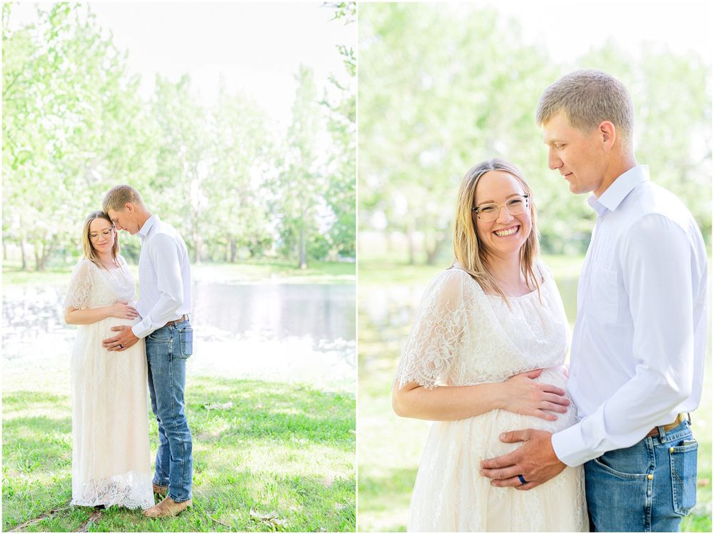 Romantic outdoor maternity photo session showing couple in white dress and casual attire by a lake in springtime. Light & airy photography s