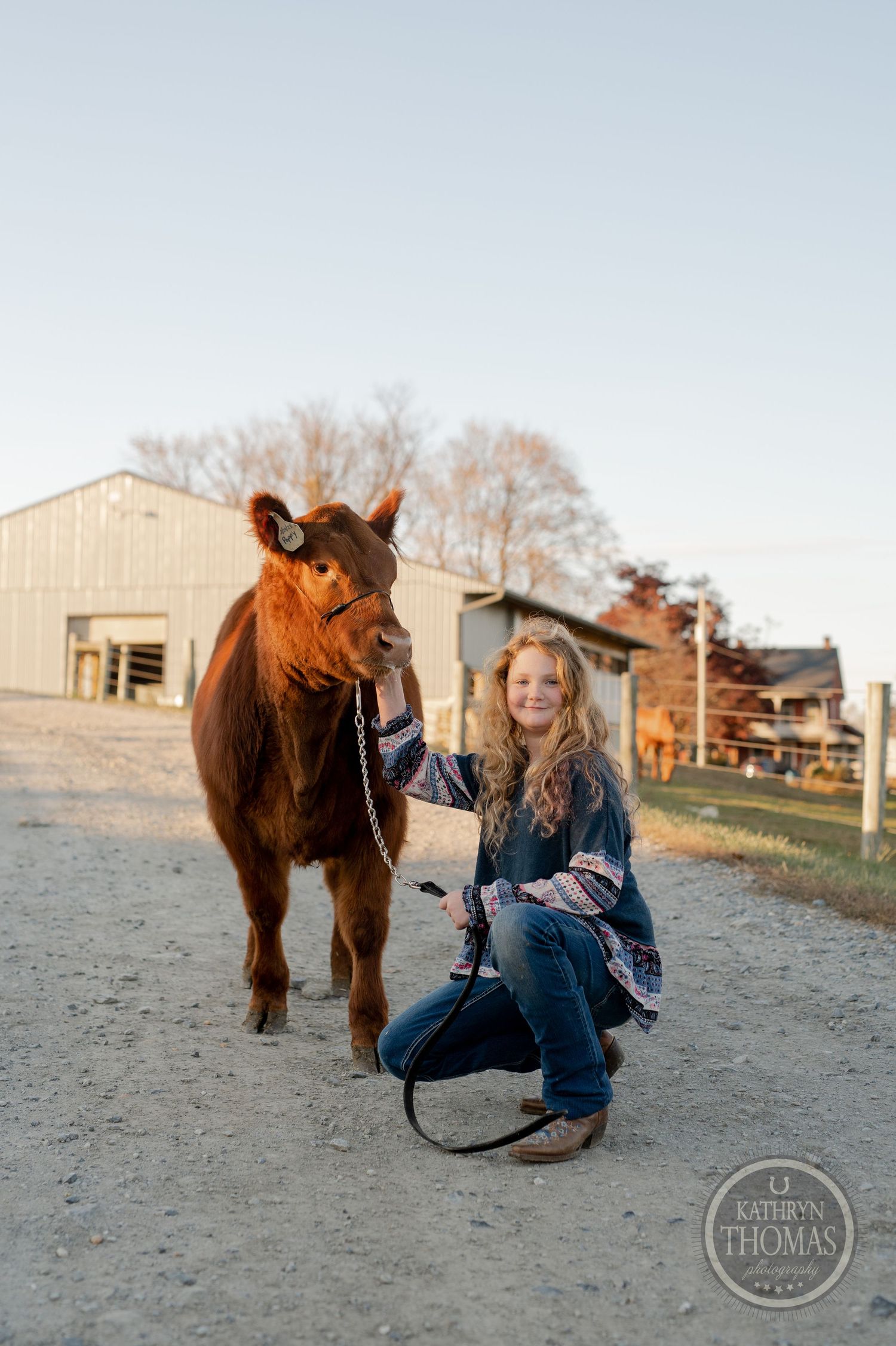 A person kneels beside a chestnut horse on a dirt path with farm buildings in the background.