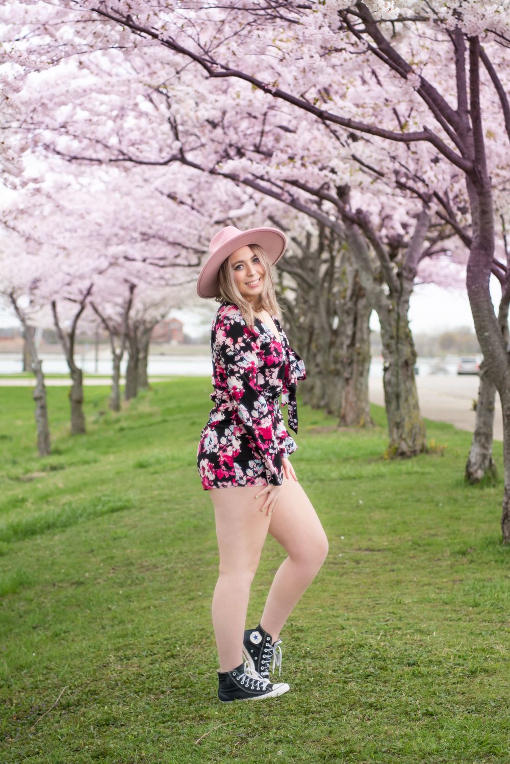 Beautiful cherry blossom trees in full bloom along a grassy path.
