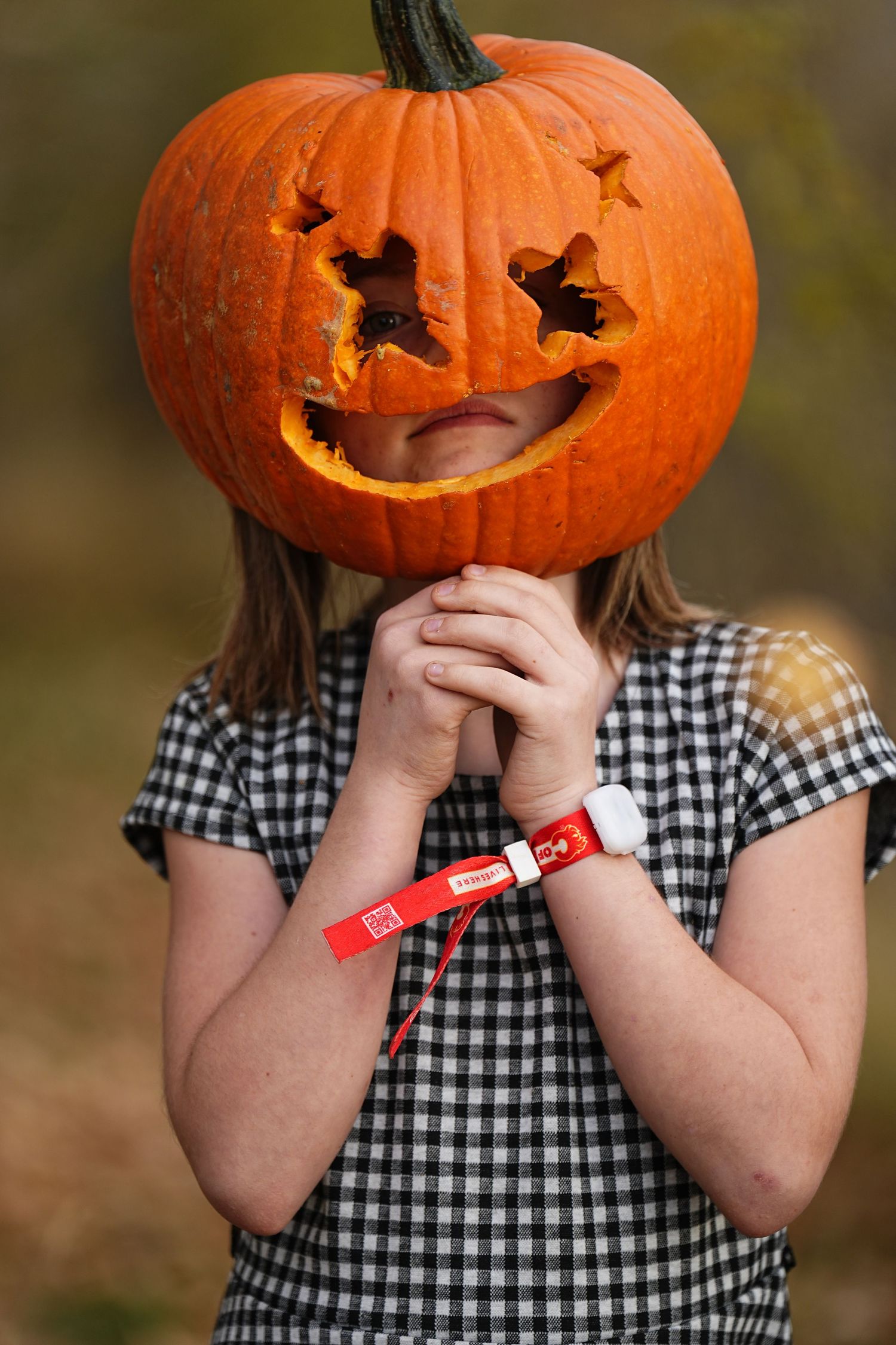 Person wearing gingham dress holds carved jack-o-lantern pumpkin over their face in autumn setting.