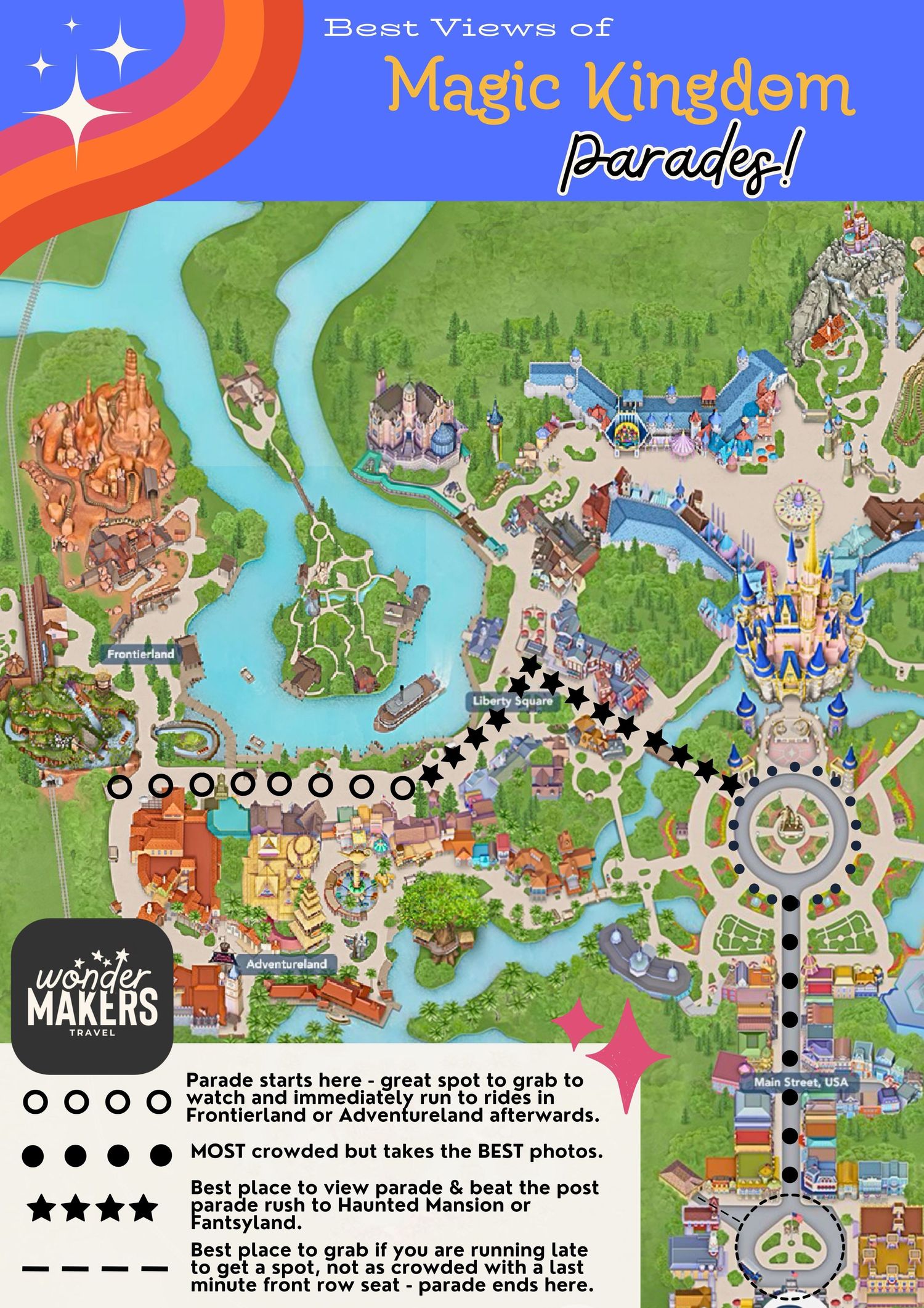 A colorful illustrated map showing best viewing locations for Magic Kingdom parades with numbered stops and crowd density ratings.