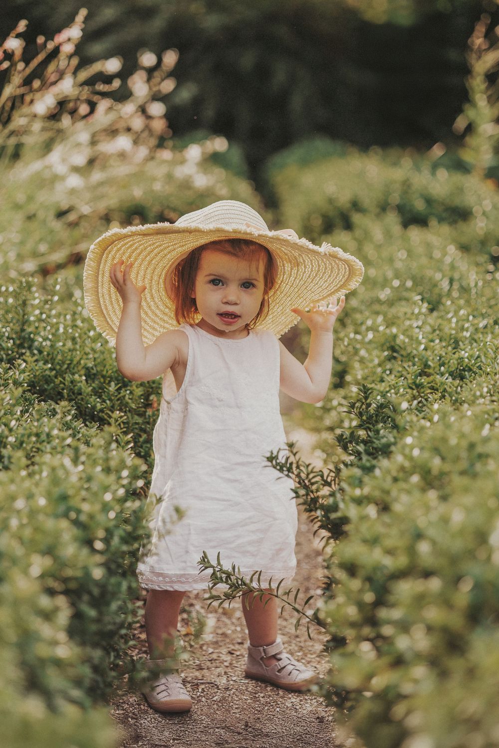 A small figure in a white dress and oversized straw sunhat stands on a garden path surrounded by blooming flowers.