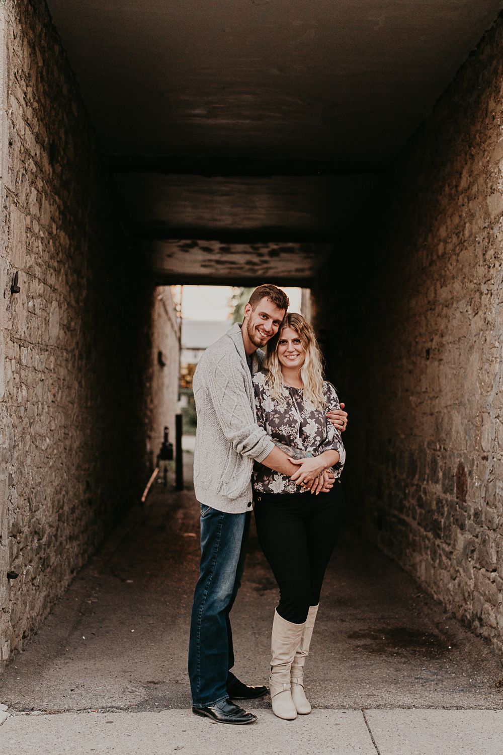 engagement session in an old alley in Fergus Ontario