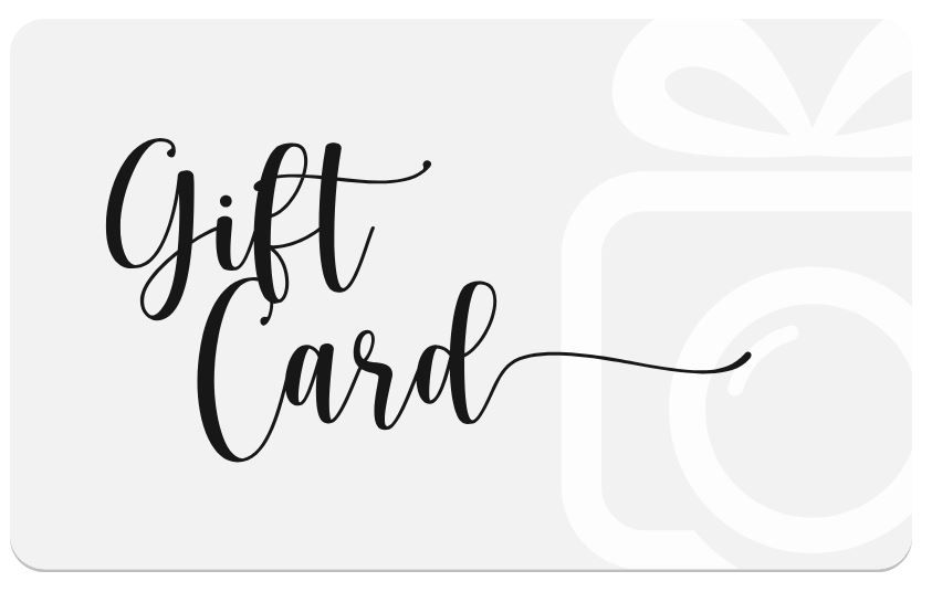 A simple white gift card design featuring elegant black calligraphy text and minimal geometric accents.