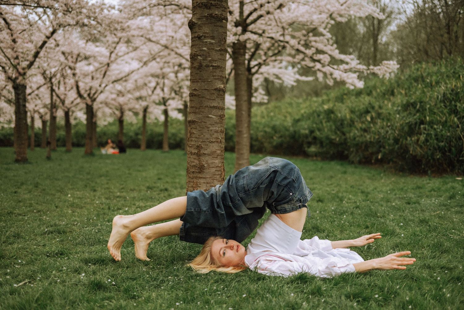 Woman in a blossom park in Amsterdam during cherry blossom season, posing uniquely on the grass.
