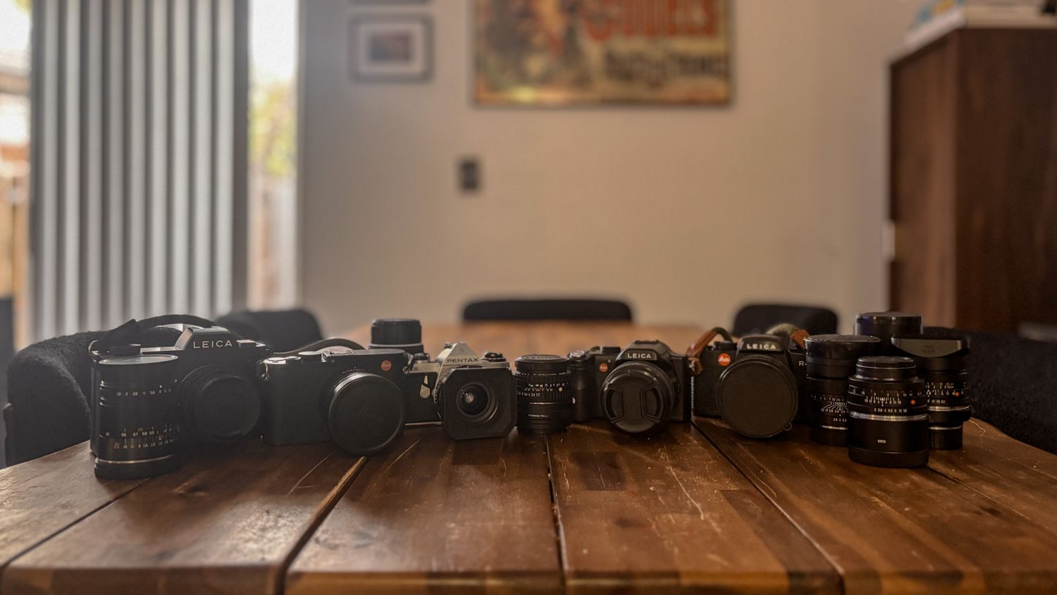 Camera collection displayed in line formation on wooden table with wall art visible.