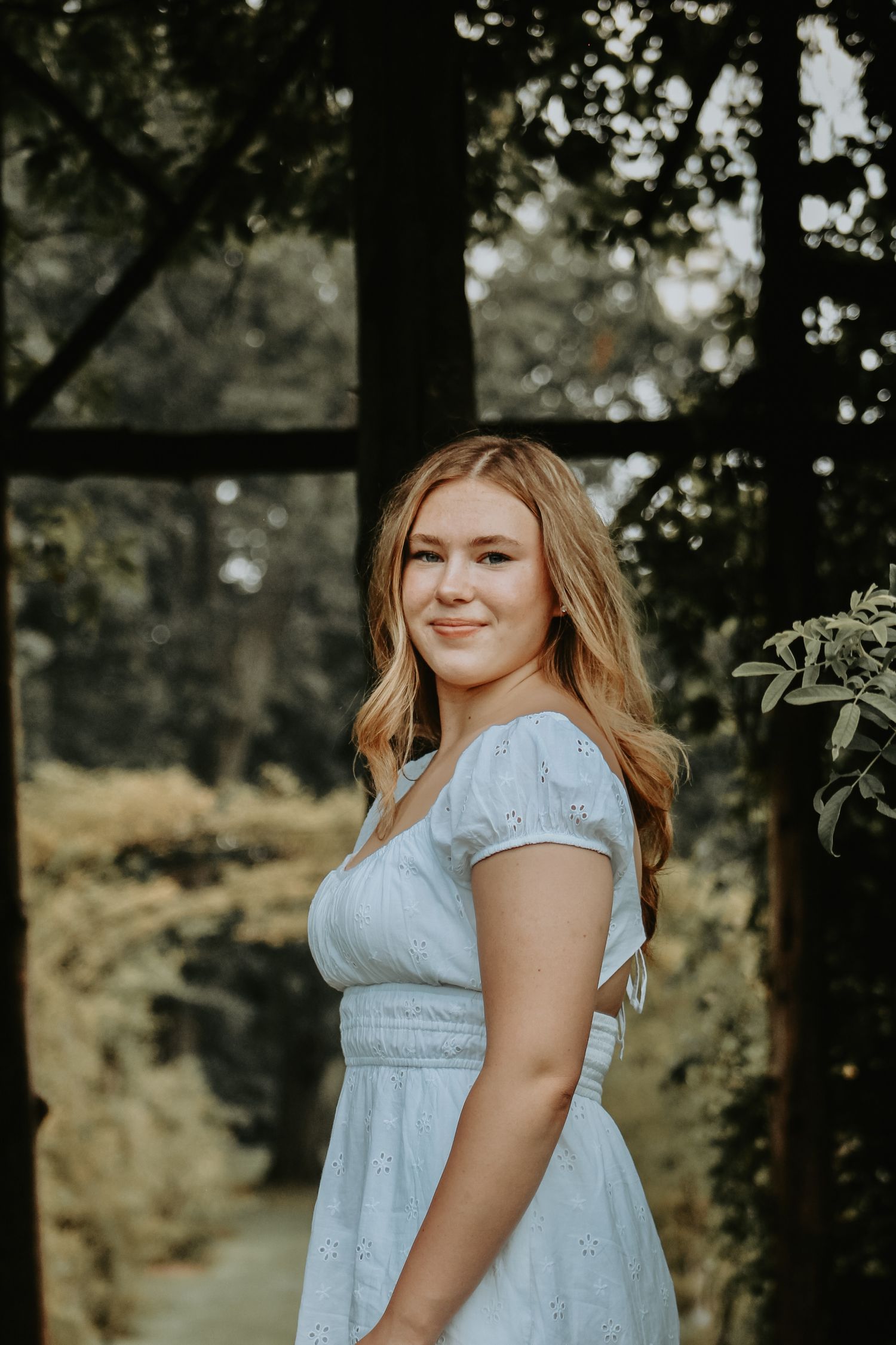A light blue summer dress is showcased in a natural outdoor setting with trees in the background.