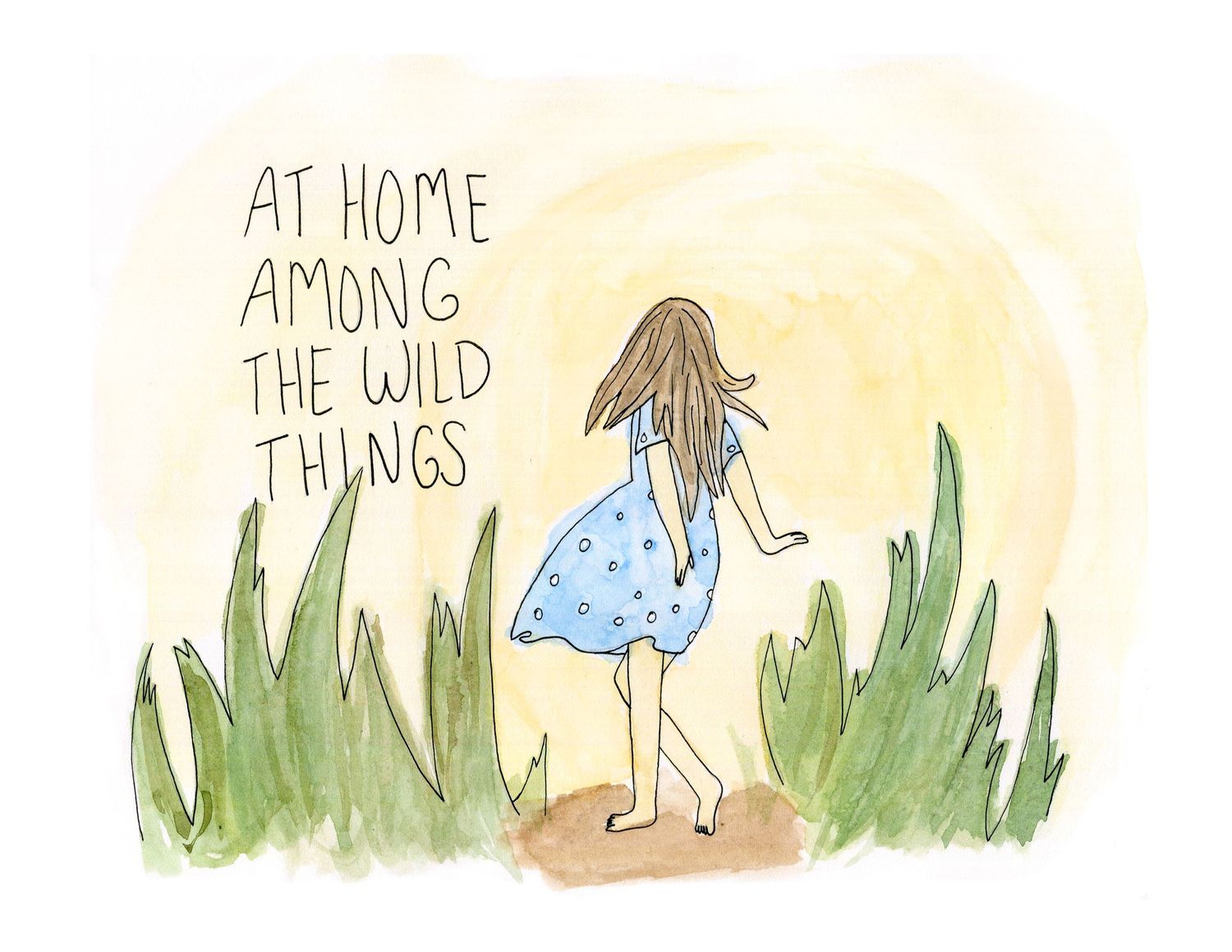 watercolor painting of girl twirling in a dress in tall grass. text says "at home among the wild things"