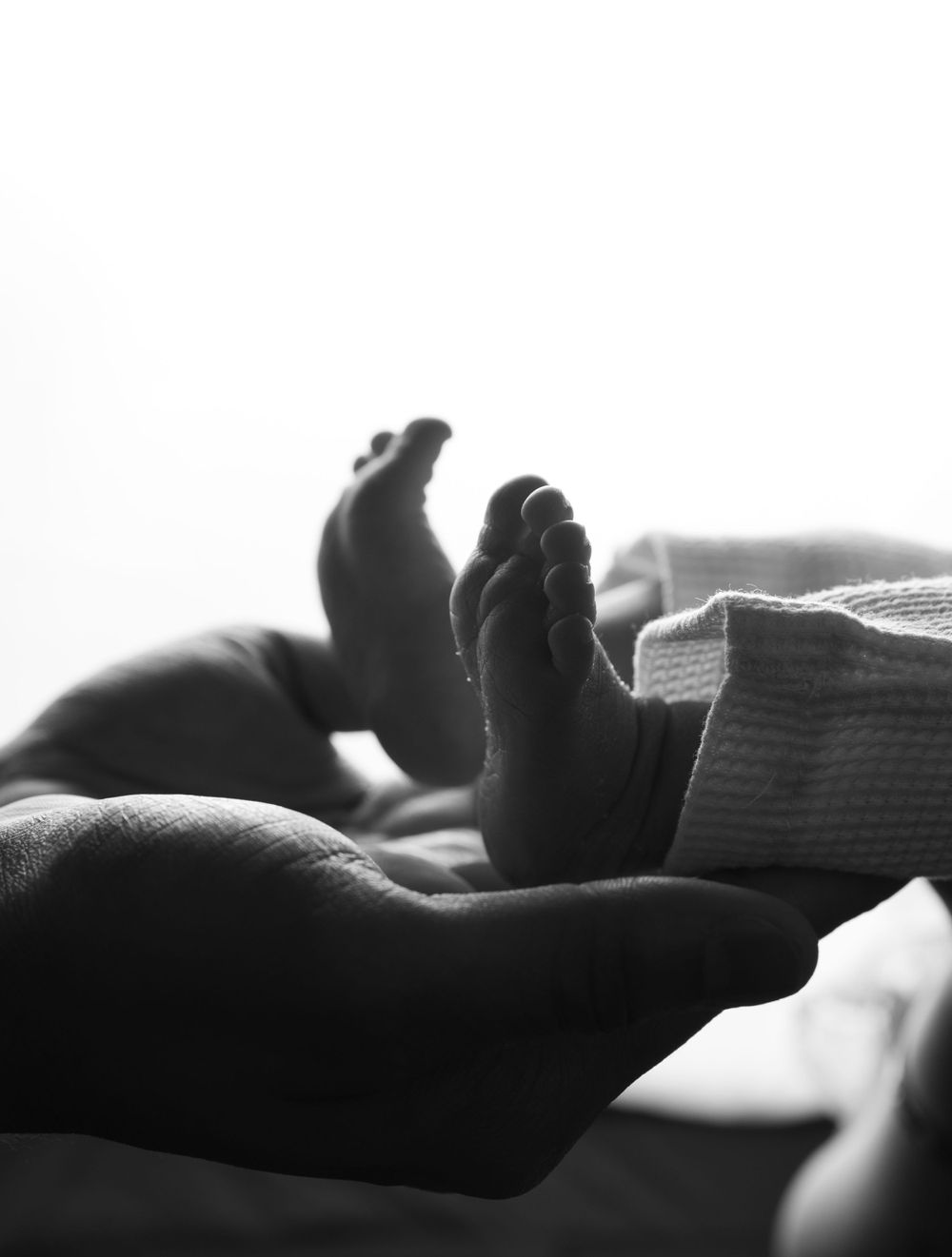 Black and white photo of tiny newborn baby feet being gently cradled in an adult's palm.