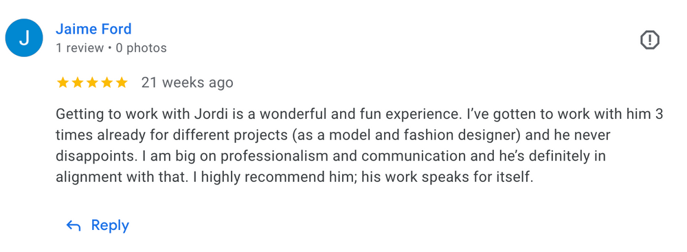 Five star review praising Jack as photographer and designer with positive client testimonial.