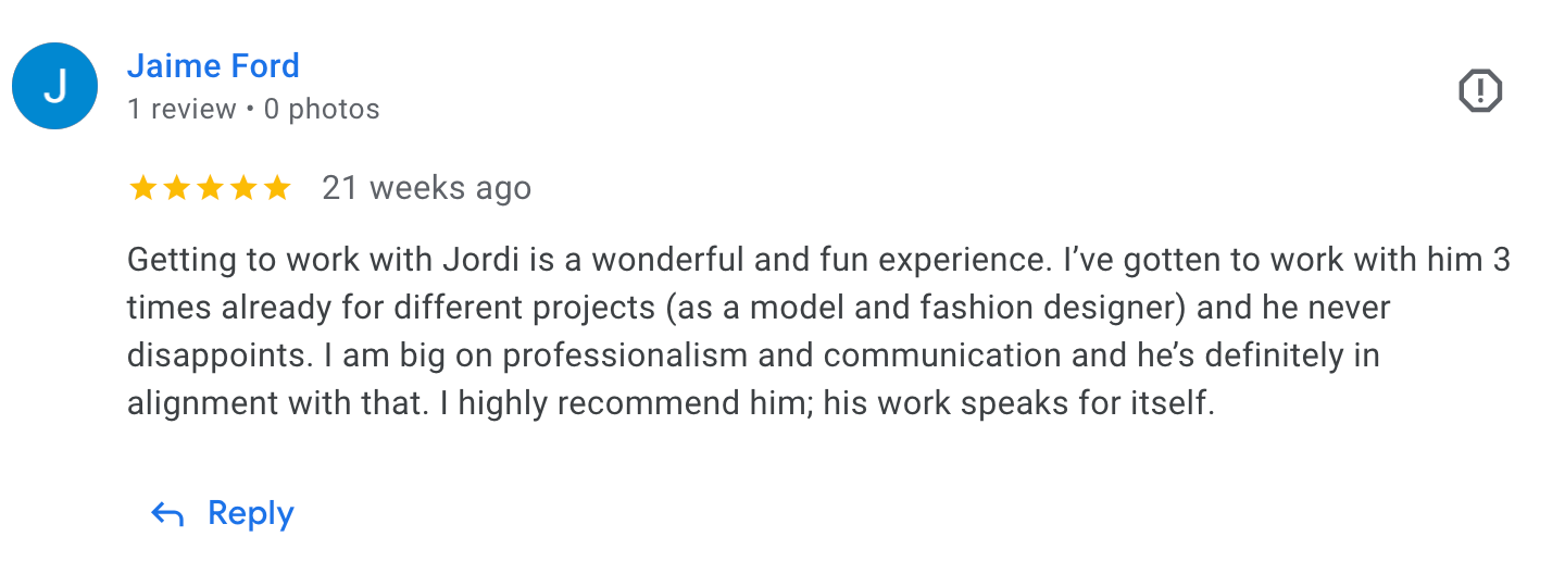 Five star review praising Jack as photographer and designer with positive client testimonial.