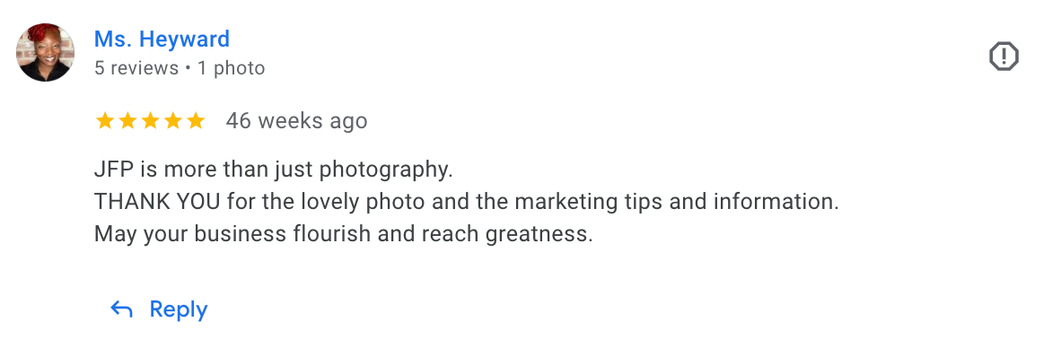 Positive client review thanking JFH Visual Photography for photo shoot and marketing assistance.