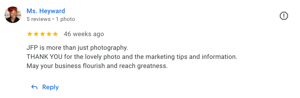 Positive client review thanking JFH Visual Photography for photo shoot and marketing assistance.