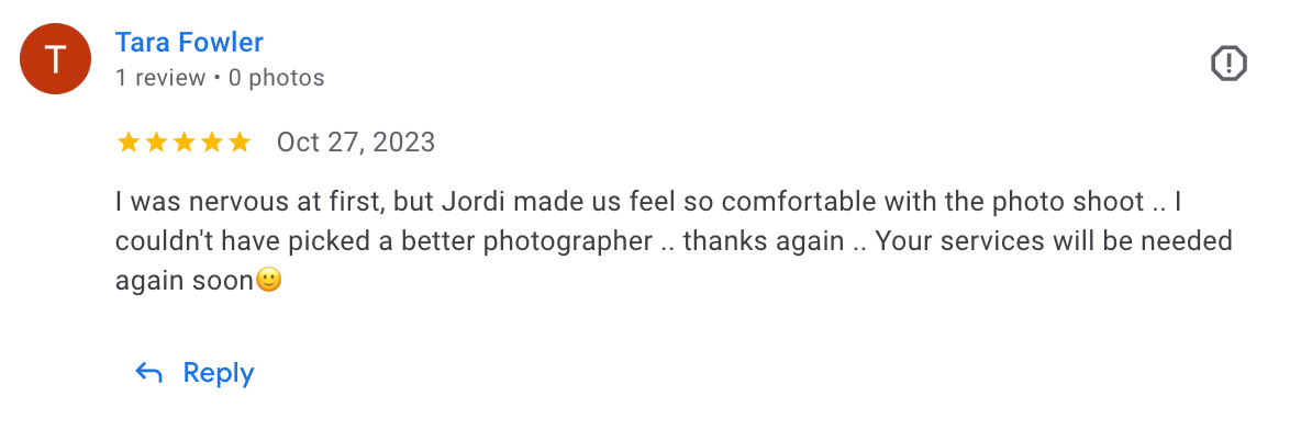 A screenshot of a 5-star review praising a photographer's work and service.
