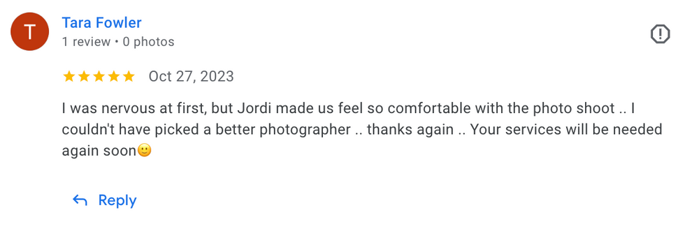 A screenshot of a 5-star review praising a photographer's work and service.