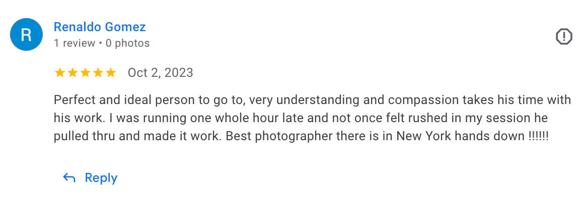A screenshot showing a positive review about a photographer's understanding and patient approach.