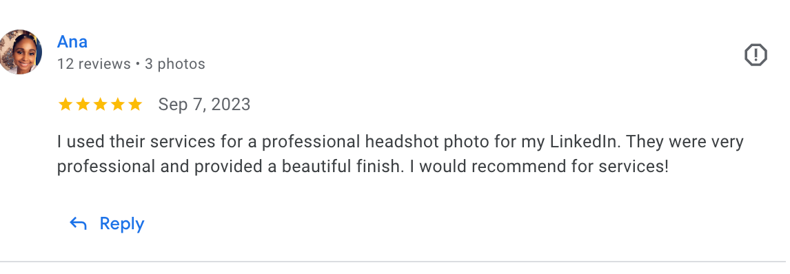 A screenshot of a customer review praising professional headshot photography services.