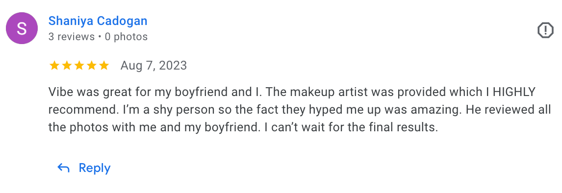 A 5-star review screenshot describing satisfaction with makeup services and photography.
