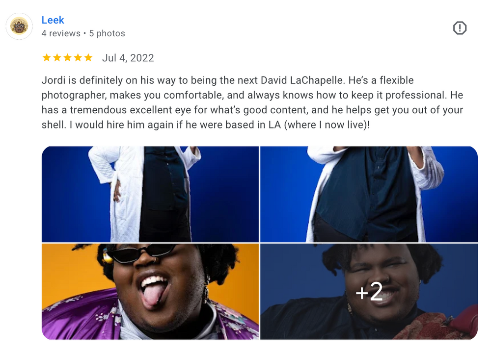 A collection of vibrant portrait photographs against blue and orange backgrounds.
