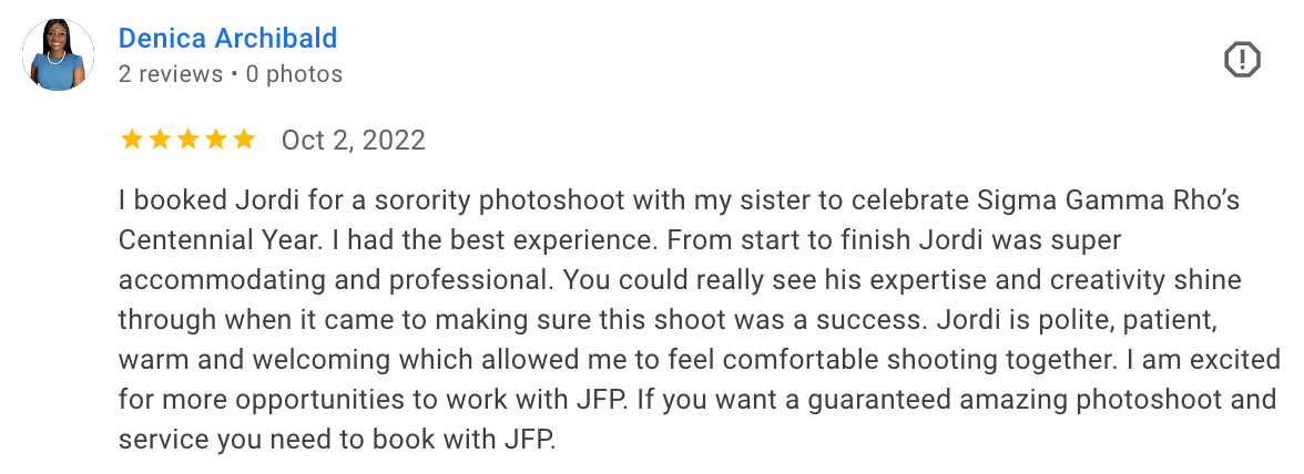 A review screenshot detailing a positive photoshoot experience with a photographer.