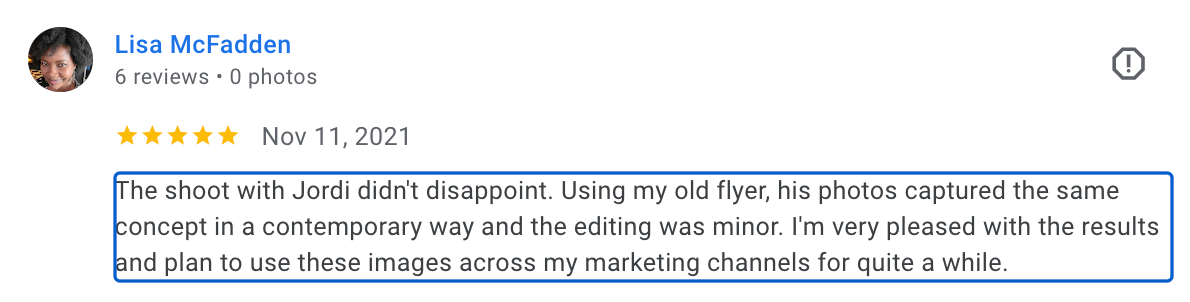 Five star review praising work on makeup session and photos.
