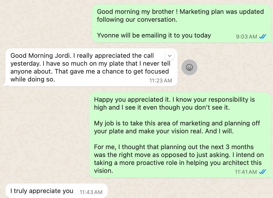 Screenshot of WhatsApp conversation discussing marketing plan updates and responsibilities.