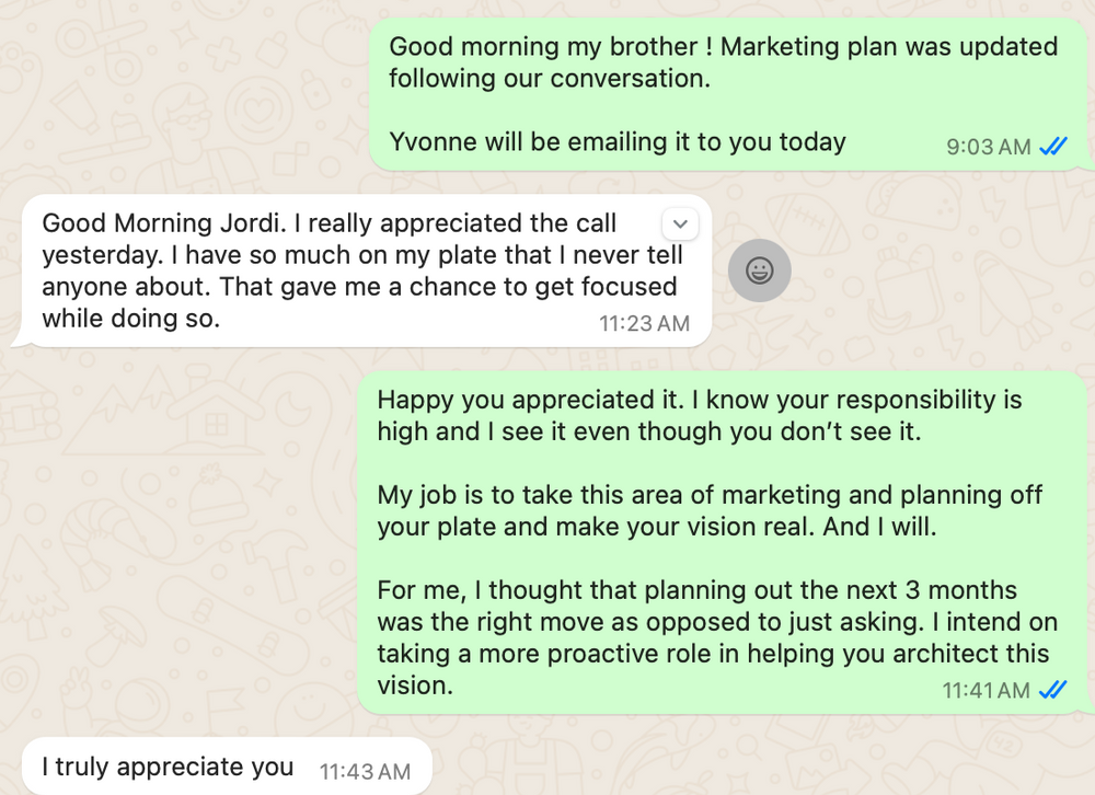 Screenshot of WhatsApp conversation discussing marketing plan updates and responsibilities.