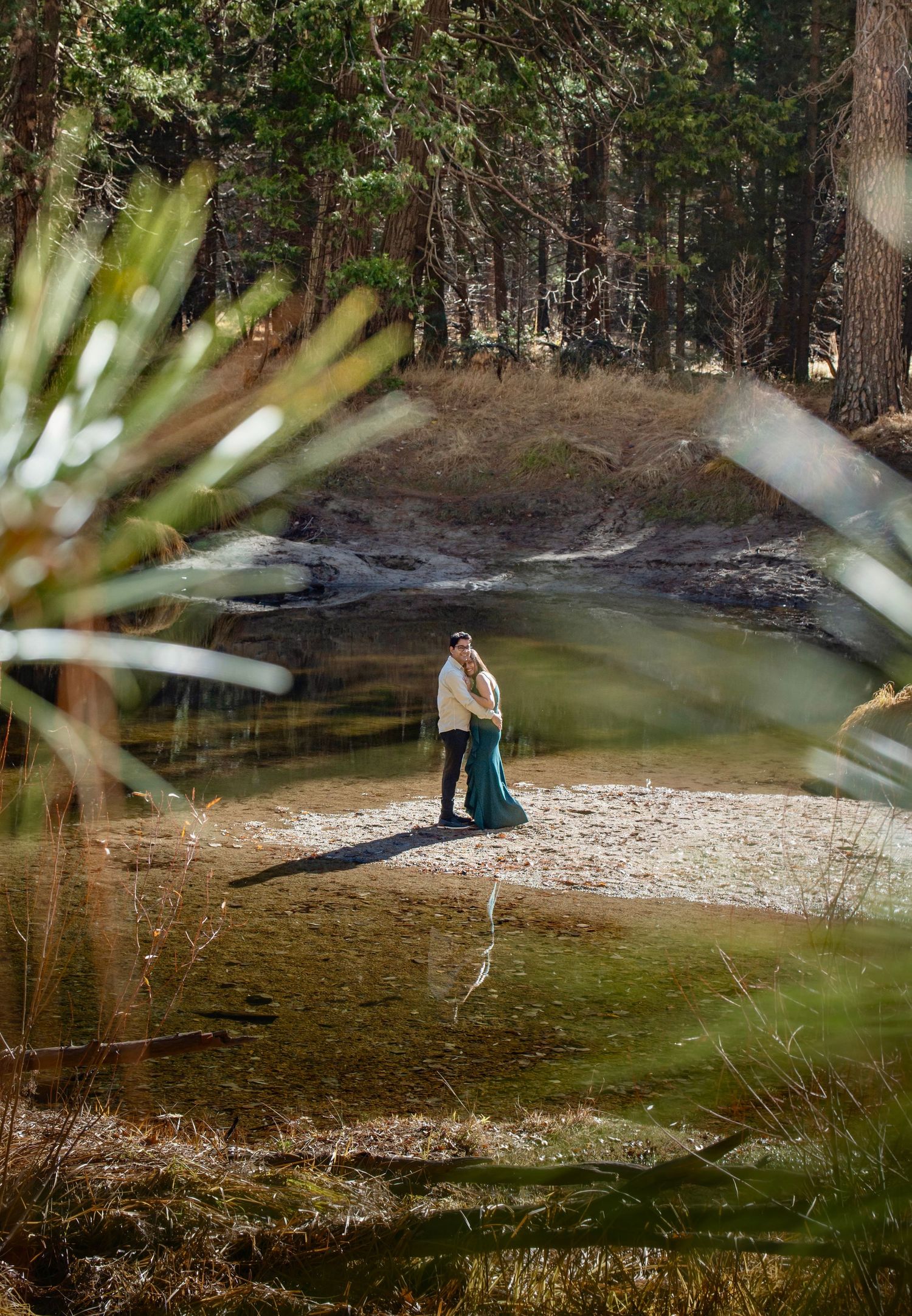 A couple on a sandy island river beach with pine trees in Yosemite