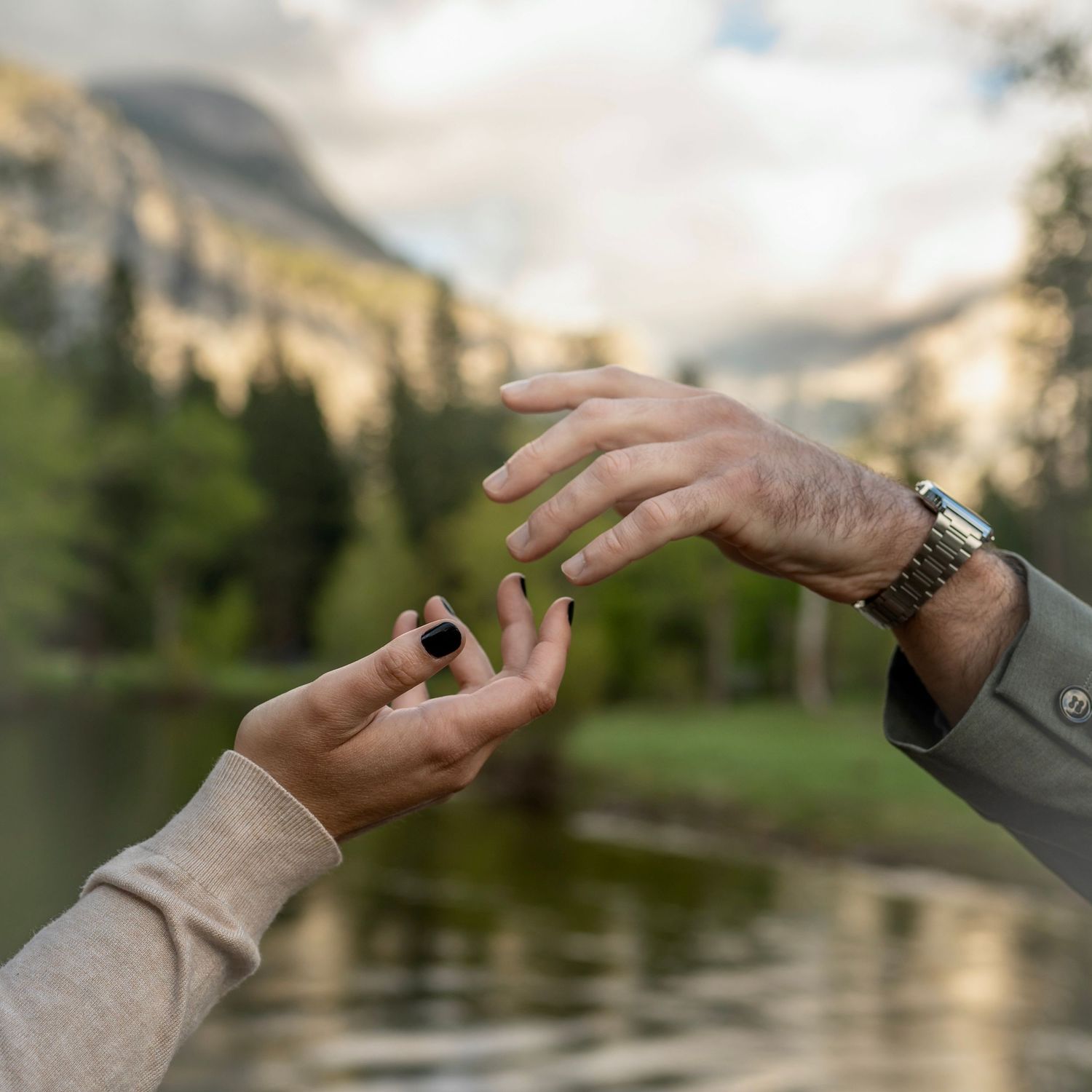 A newly engaged hiking couple at Cook's Meadow, Yosemite