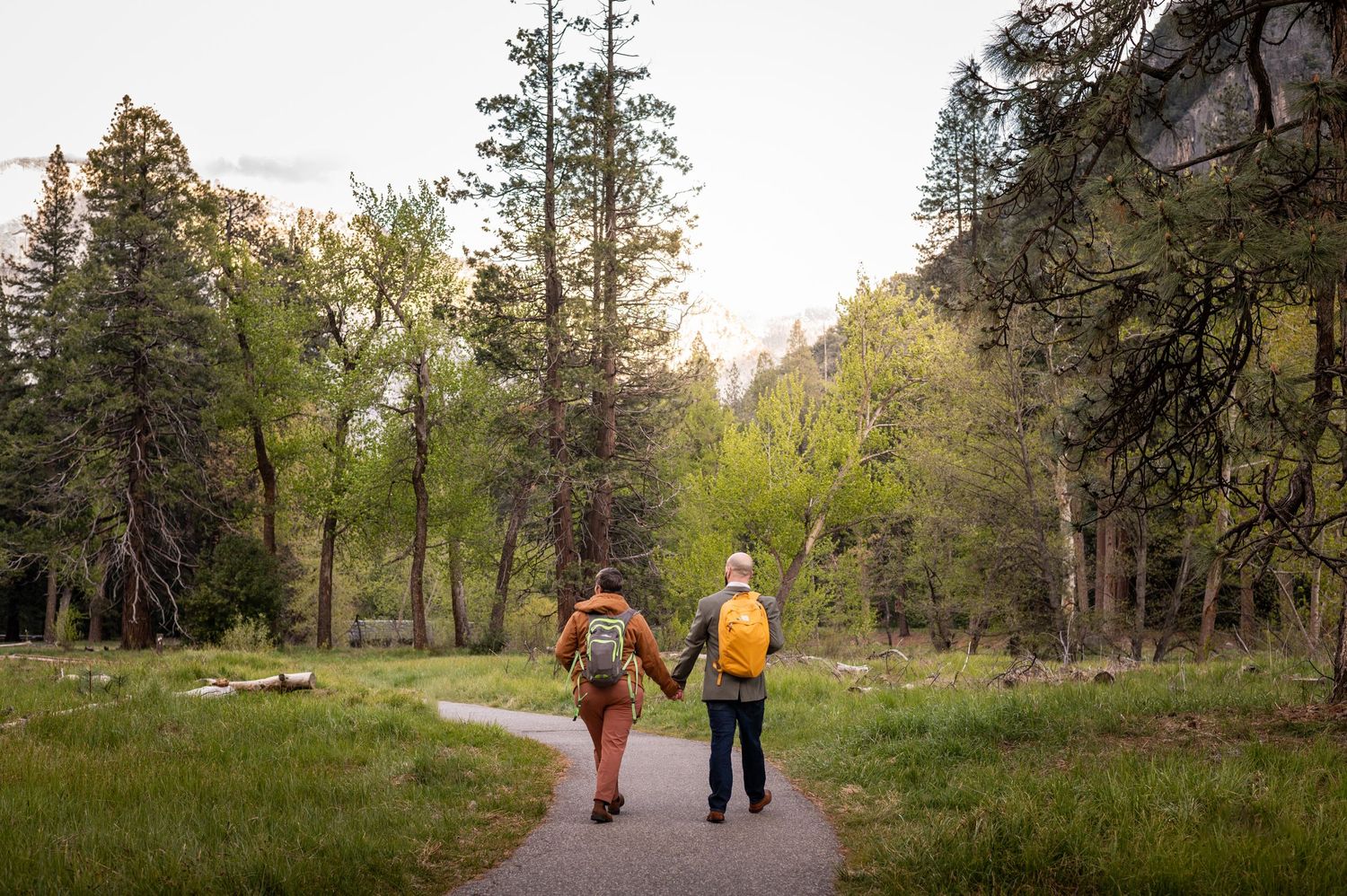 A newly engaged hiking couple at Cook's Meadow, Yosemite