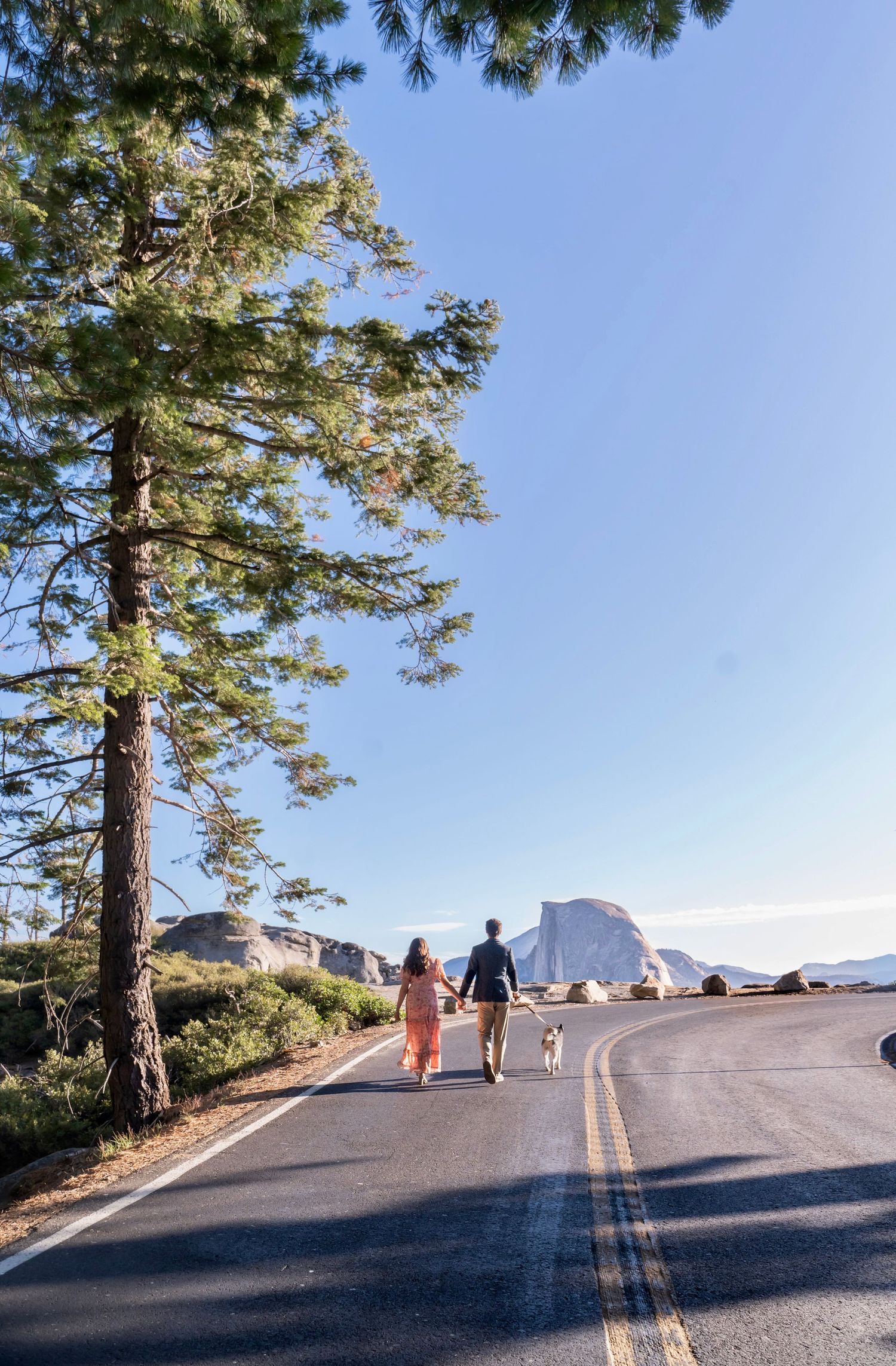 a beautiful engaged couple with their dog in Yosemite as a backdrop, at Glacier Point and Half Dome in the background