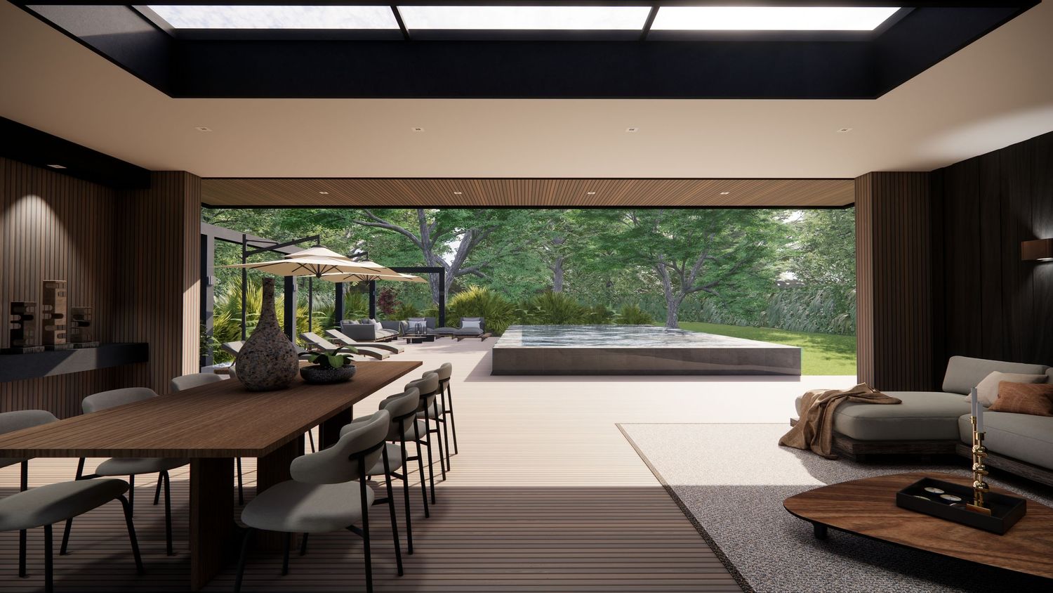Luxurious dining area with wooden table overlooking outdoor pool through large glass windows.