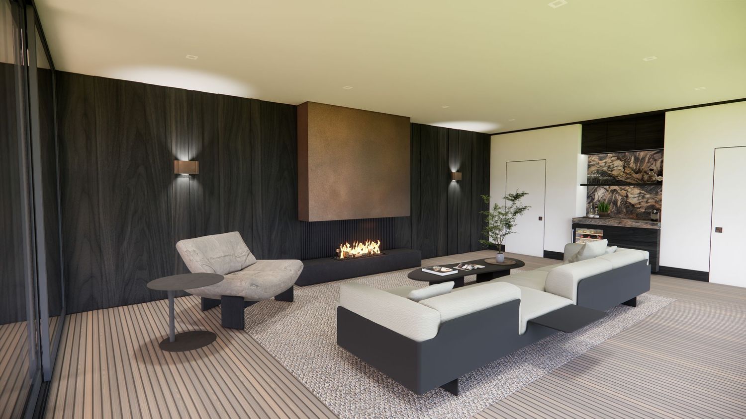 Modern living room with black accent wall, linear fireplace, and minimalist grey furniture.