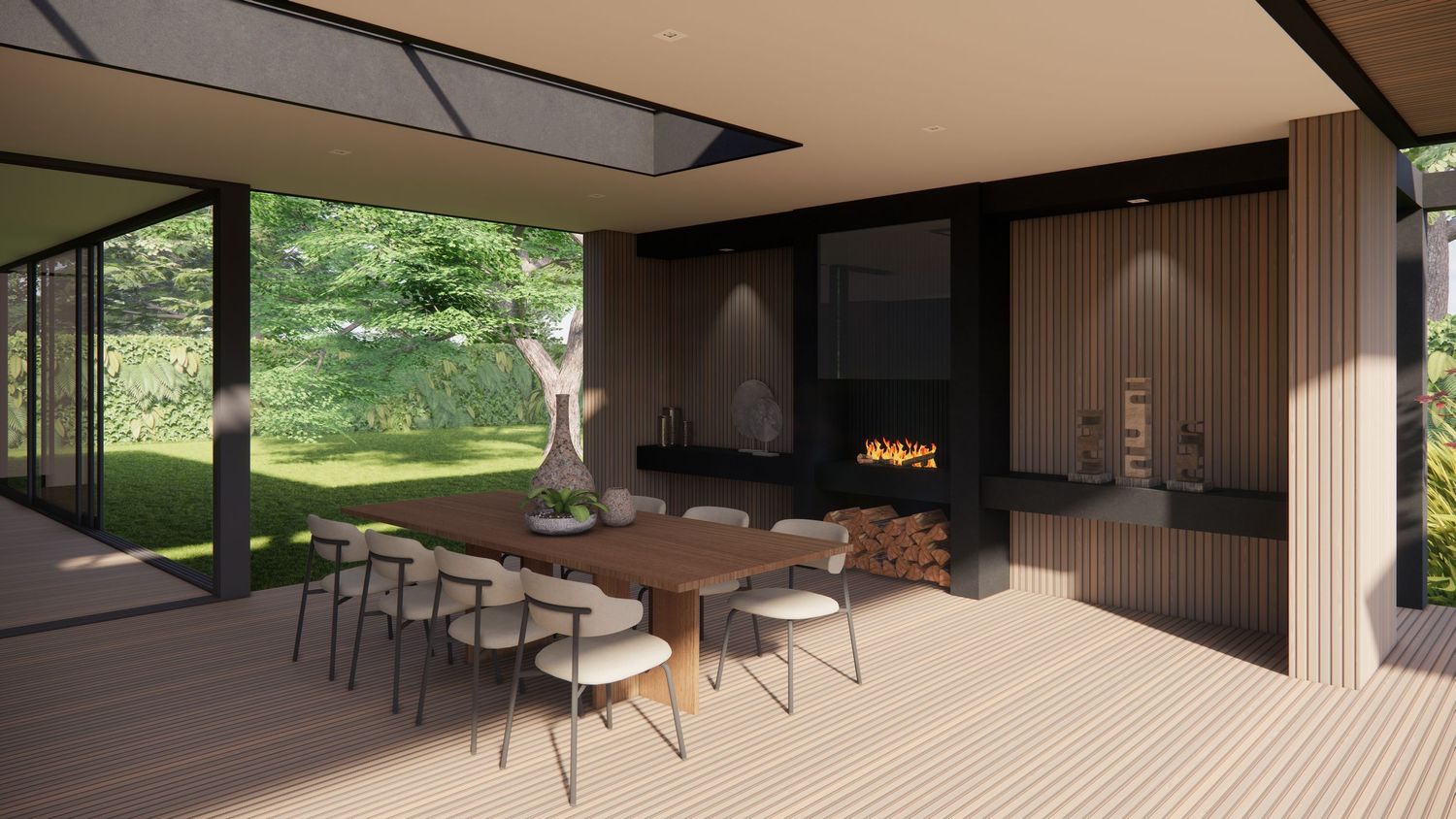 Contemporary dining space with wooden table and fireplace feature wall opening to outdoor views.